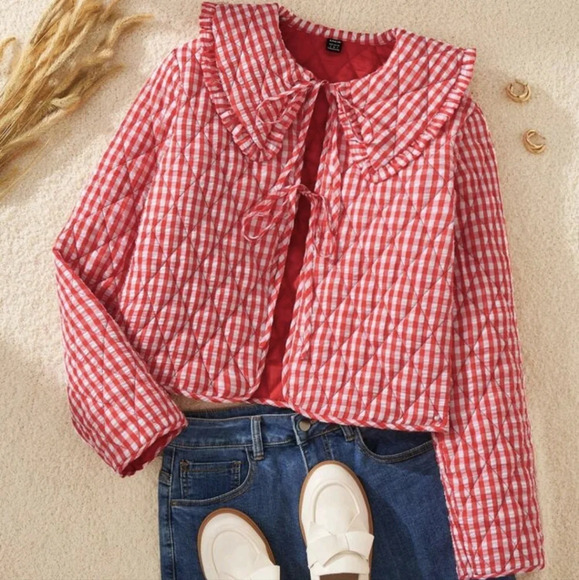 Jackets & Blazers - Vacation Woven Plaid Collared Belted Front Long Sleeve Loose Padded Coat Women